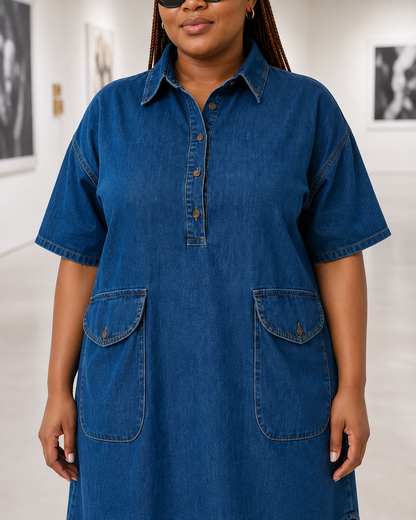 Robe chemise courte en jean, vue de dos et ourlet arrondi