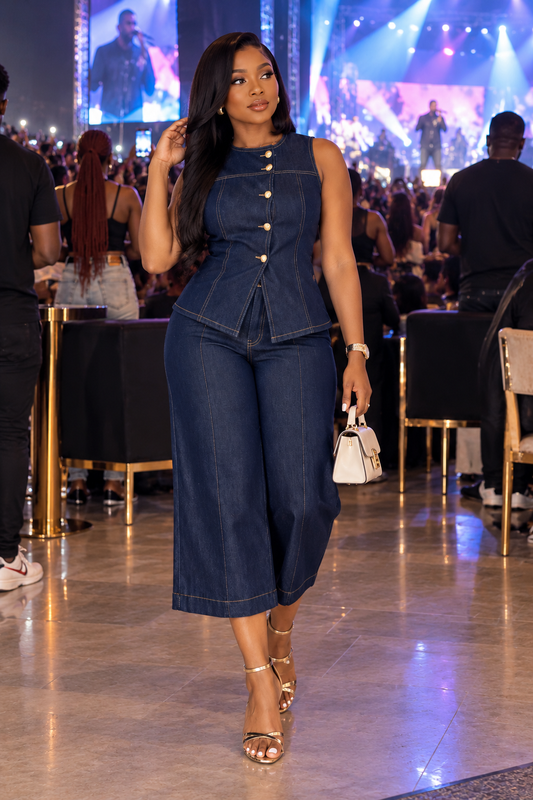 Ensemble Chic en Jean Bleu Foncé avec Boutons Dorés