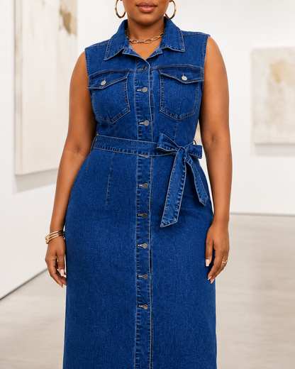 Robe chemise longue en jean portée avec ceinture nouée