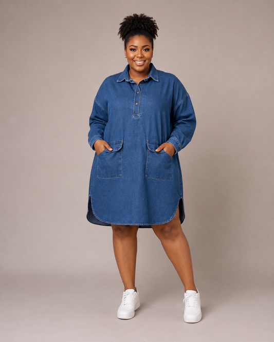 Robe chemise oversize en jean à grandes poches à rabat, Tendressa
