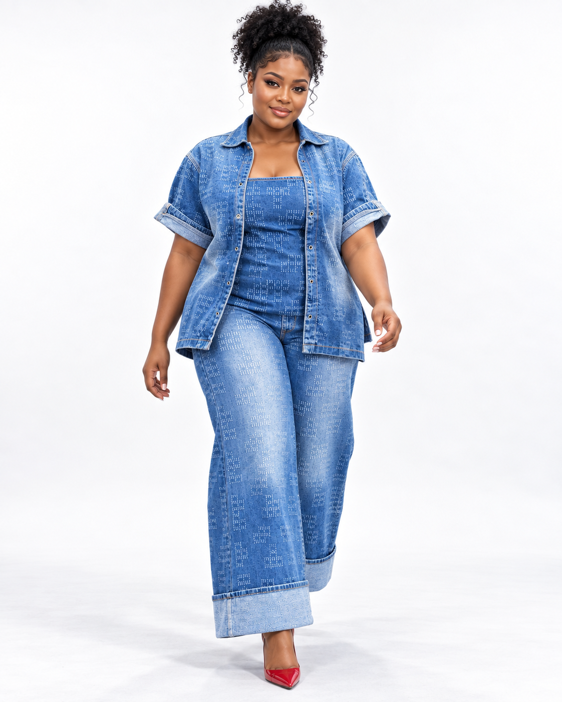 Ensemble en jean haut effet deux pièces et pantalon large Tendressa