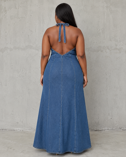 Robe longue en jean encolure licou, vue de face