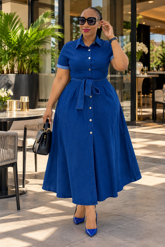 Robe Chemise Longue en Jean Bleu Royal avec Ceinture