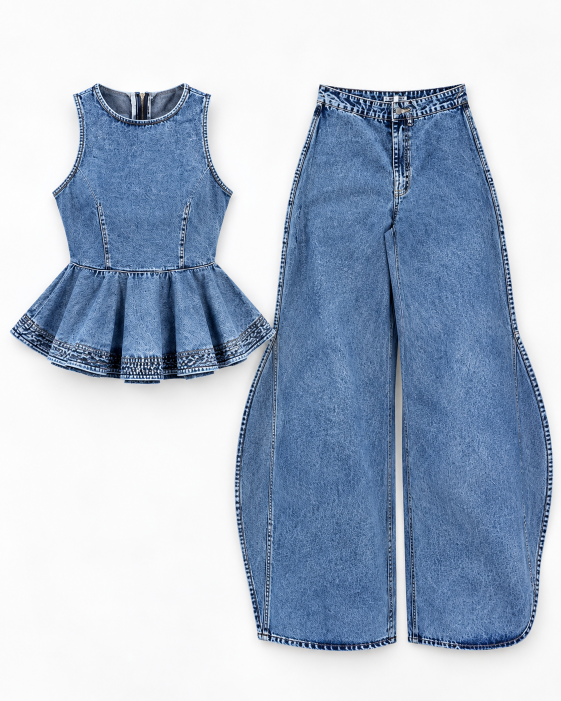Ensemble en jean haut peplum et pantalon large Tendressa
