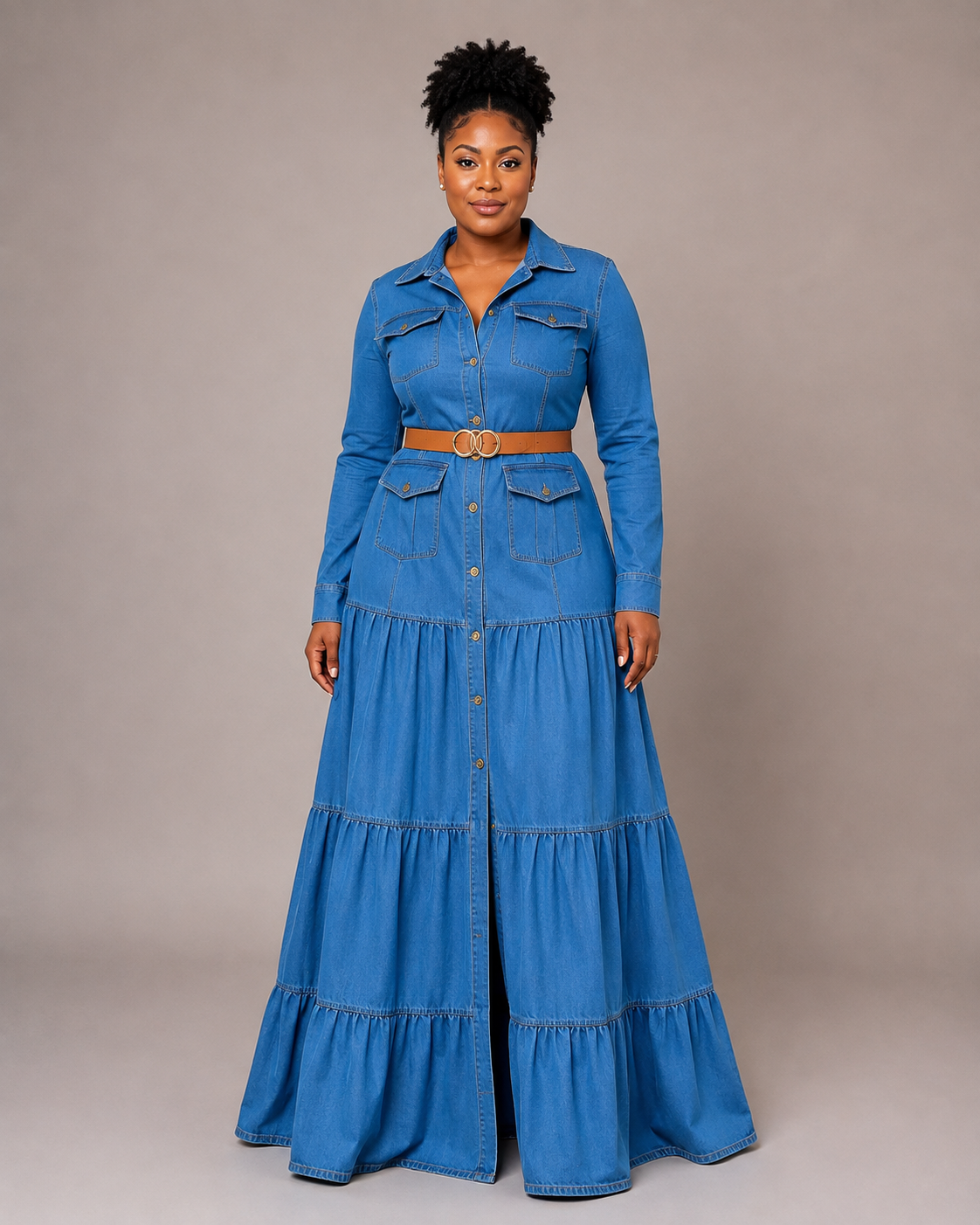 Robe longue chemise en jean à grand col et volants étagés, Tendressa