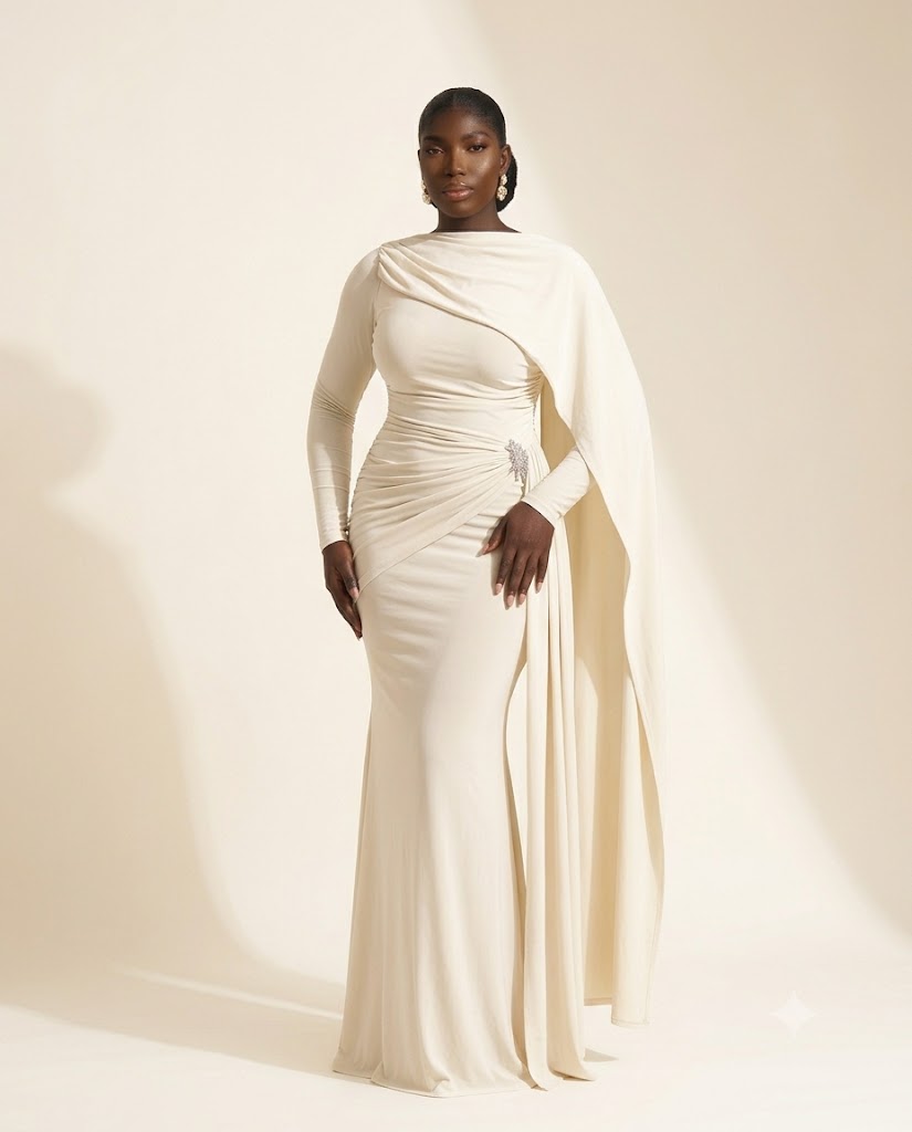 Robe longue drapée à manche cape