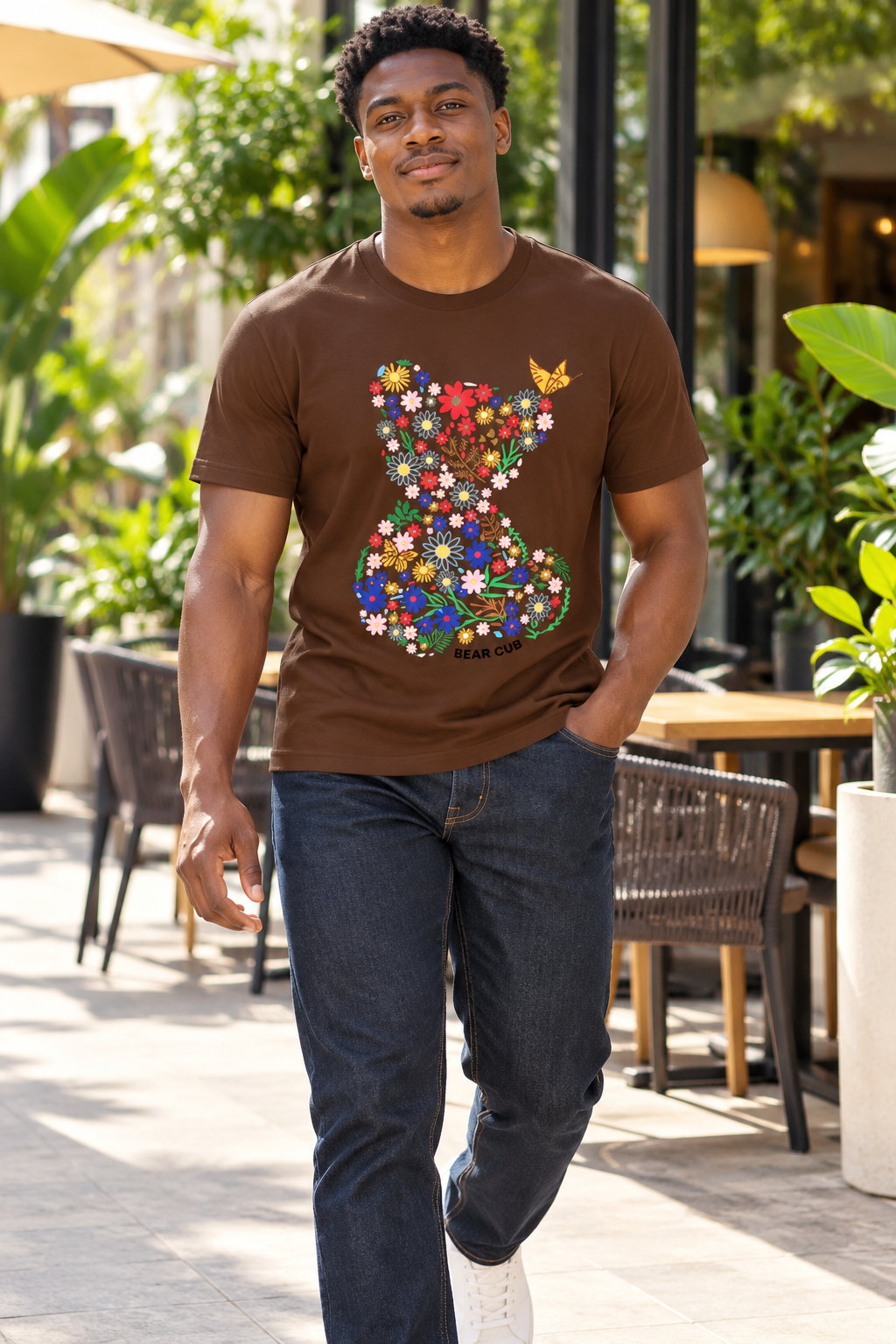 T-shirt marron imprimé ourson fleuri, vue d'ensemble