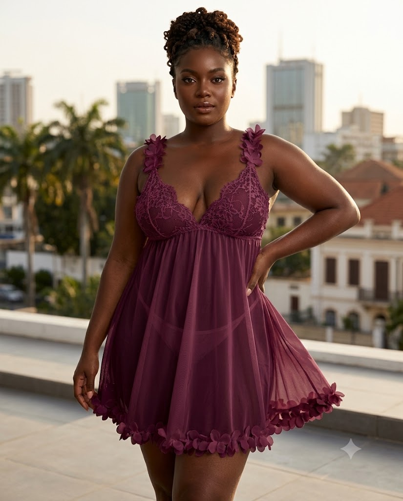 Nuisette babydoll dentelle fleurs 3D bordeaux — Tendressa