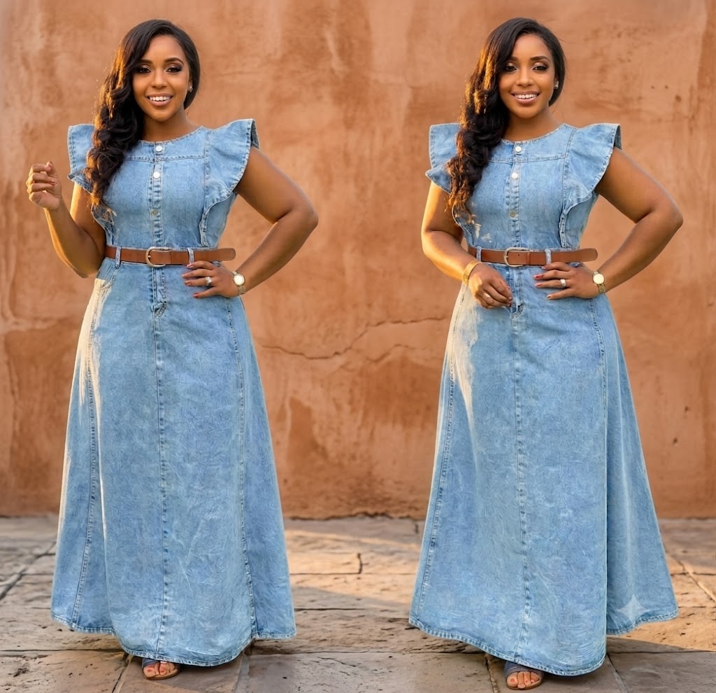 Robe longue en jean à manches volantées - Tendressa