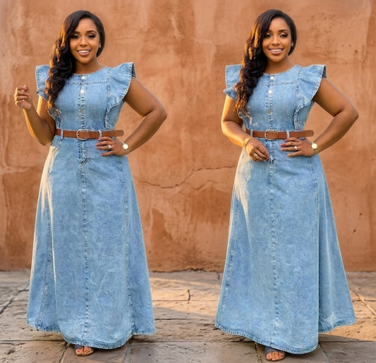Robe longue en jean à manches volantées - Tendressa