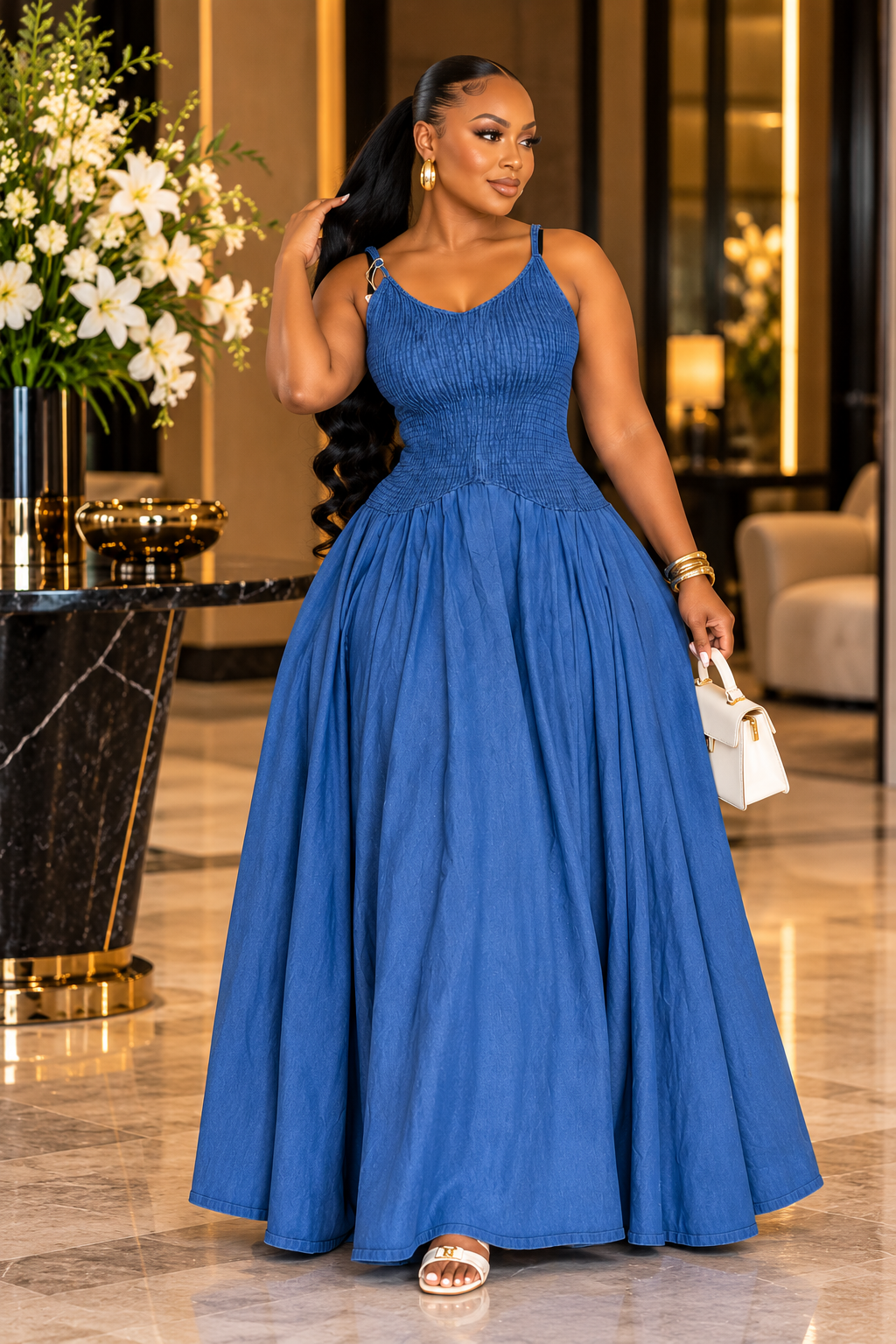 Robe Longue Bleu Denim à Bretelles – Élégance & Chic