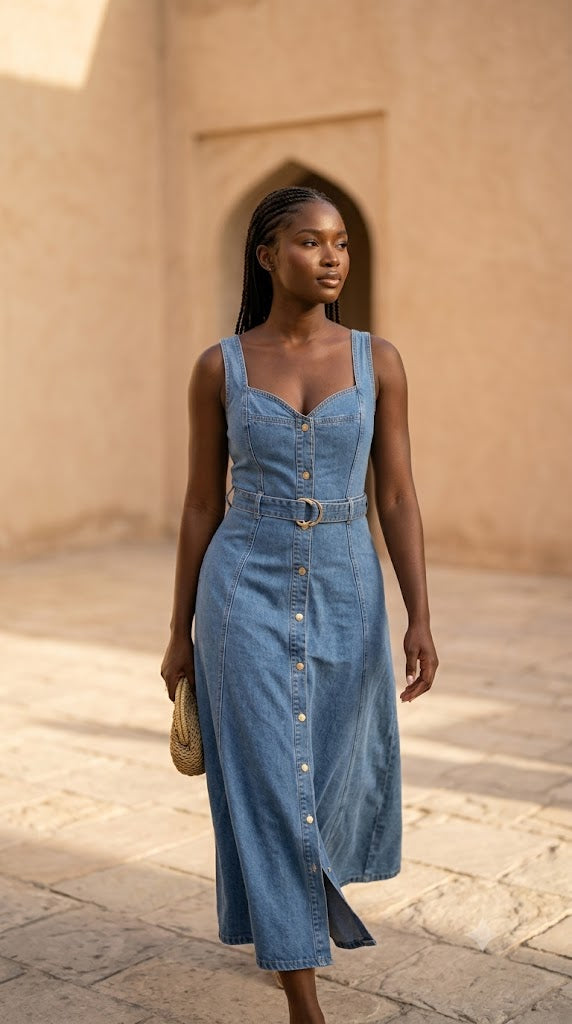 Robe en jean boutonnée à ceinture