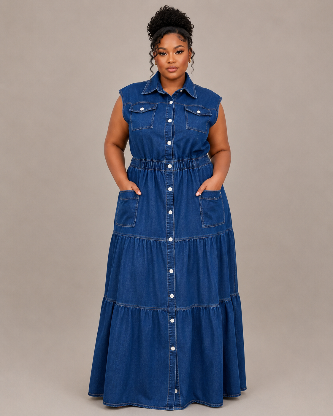Robe longue chemise en jean sans manches à volants étagés, Tendressa