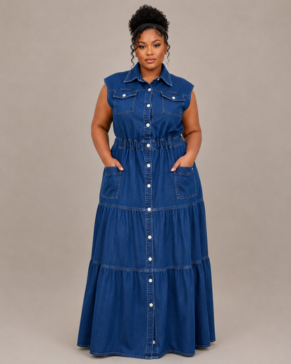 Robe longue chemise en jean sans manches à volants étagés, Tendressa