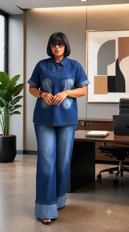 Ensemble chemise et pantalon large en jean