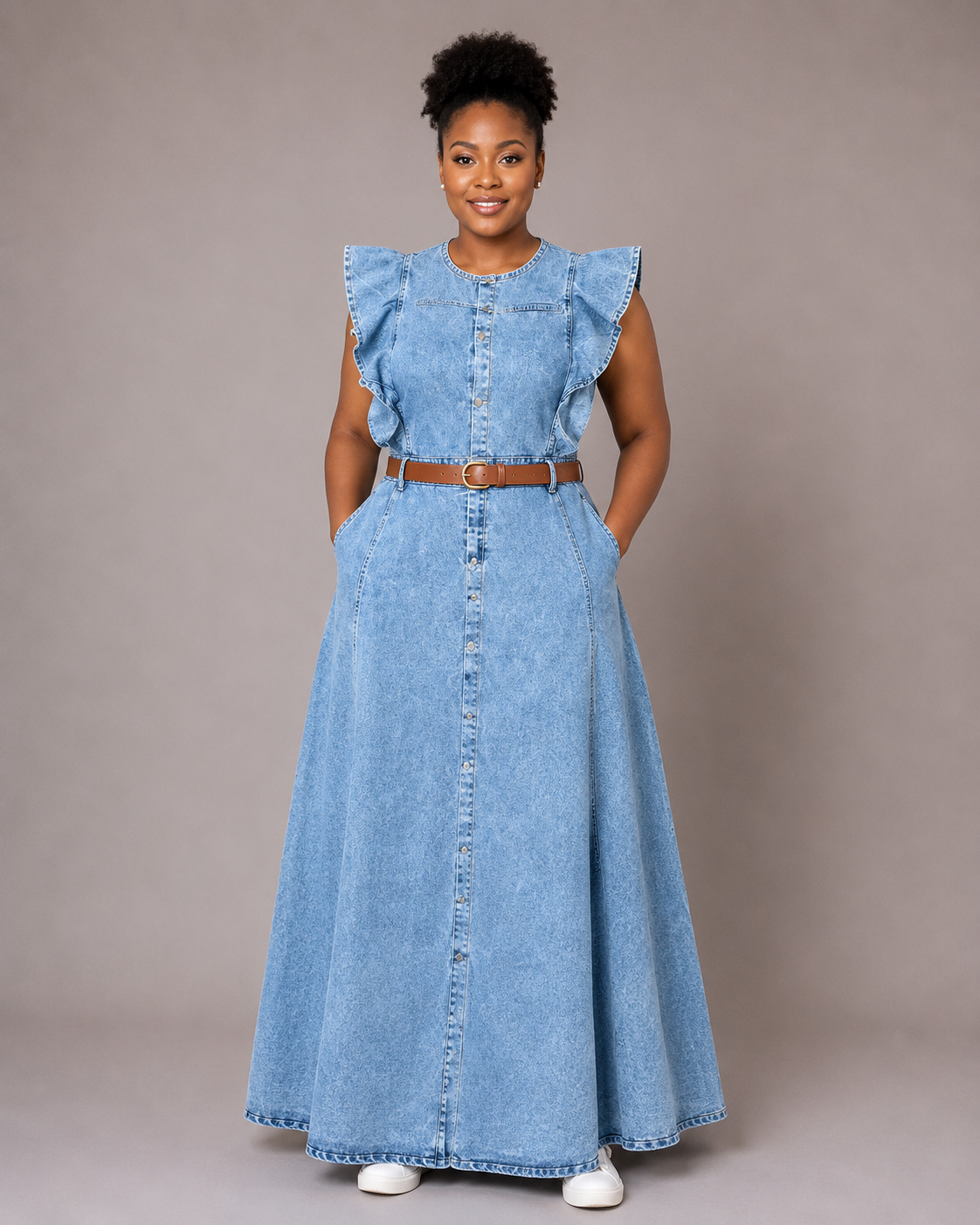 Robe longue en jean à volants aux épaules et boutonnage, Tendressa