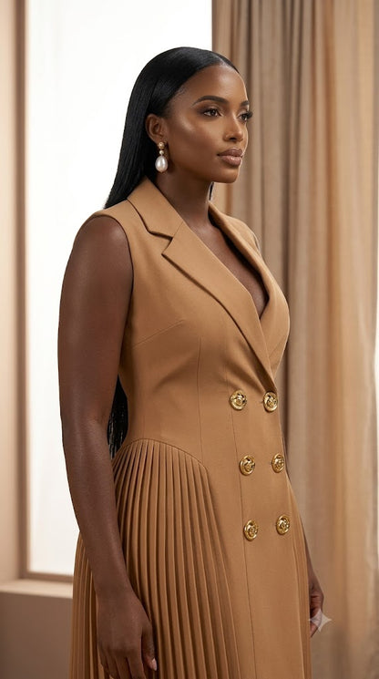 Robe blazer camel à jupe plissée