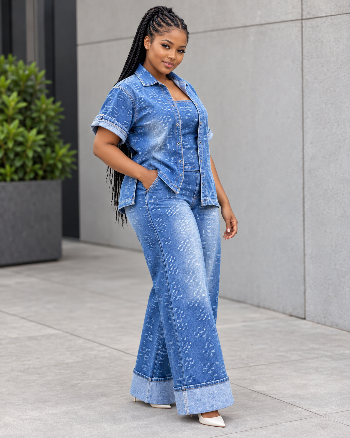 Ensemble en jean haut effet deux pièces et pantalon large Tendressa