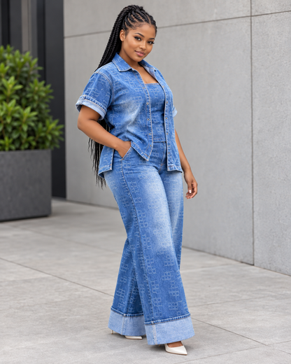 Ensemble en jean haut effet deux pièces et pantalon large Tendressa