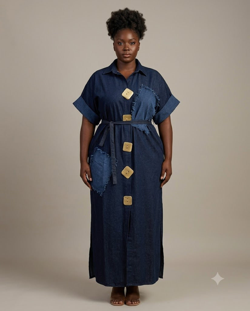Robe longue en jean bleu marine à boutons carrés, Tendressa