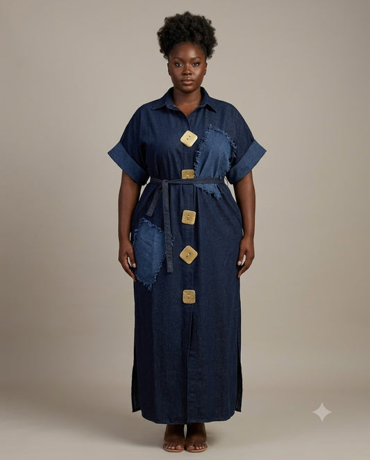 Robe longue en jean bleu marine à boutons carrés, Tendressa