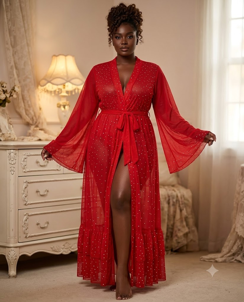 Déshabillé kimono long voile strass rouge — Tendressa