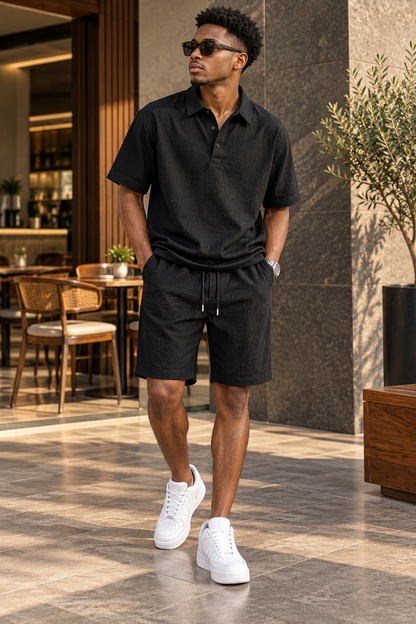 Ensemble homme polo texturé et short à cordon noir
