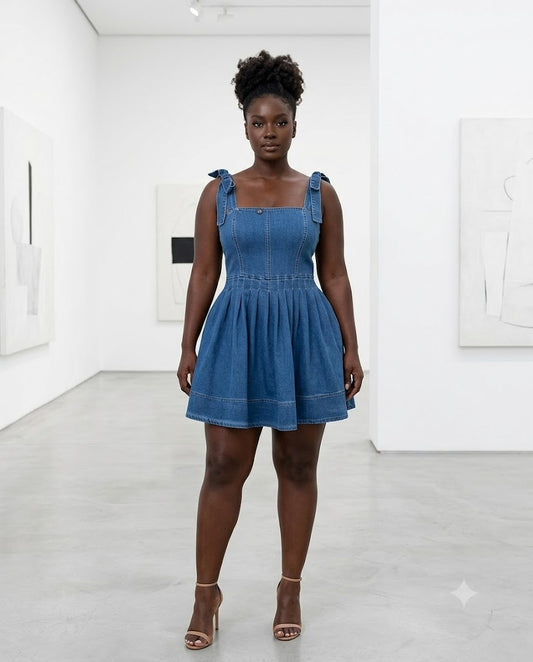Robe courte en jean à bretelles nouées, encolure carrée, Tendressa