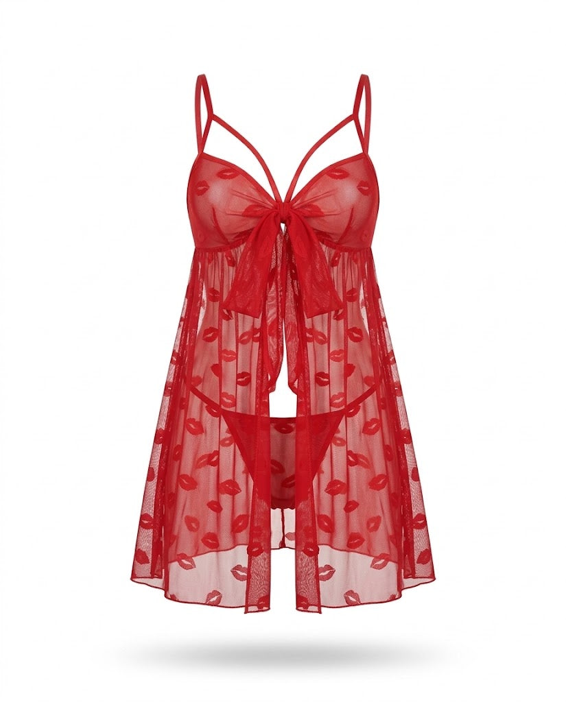 Nuisette rouge en voile motif bouches Tendressa