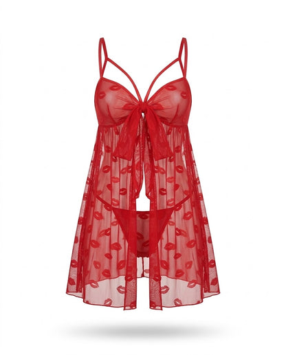 Nuisette rouge en voile motif bouches Tendressa