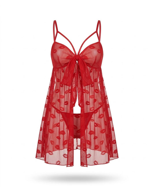 Nuisette rouge en voile motif bouches Tendressa