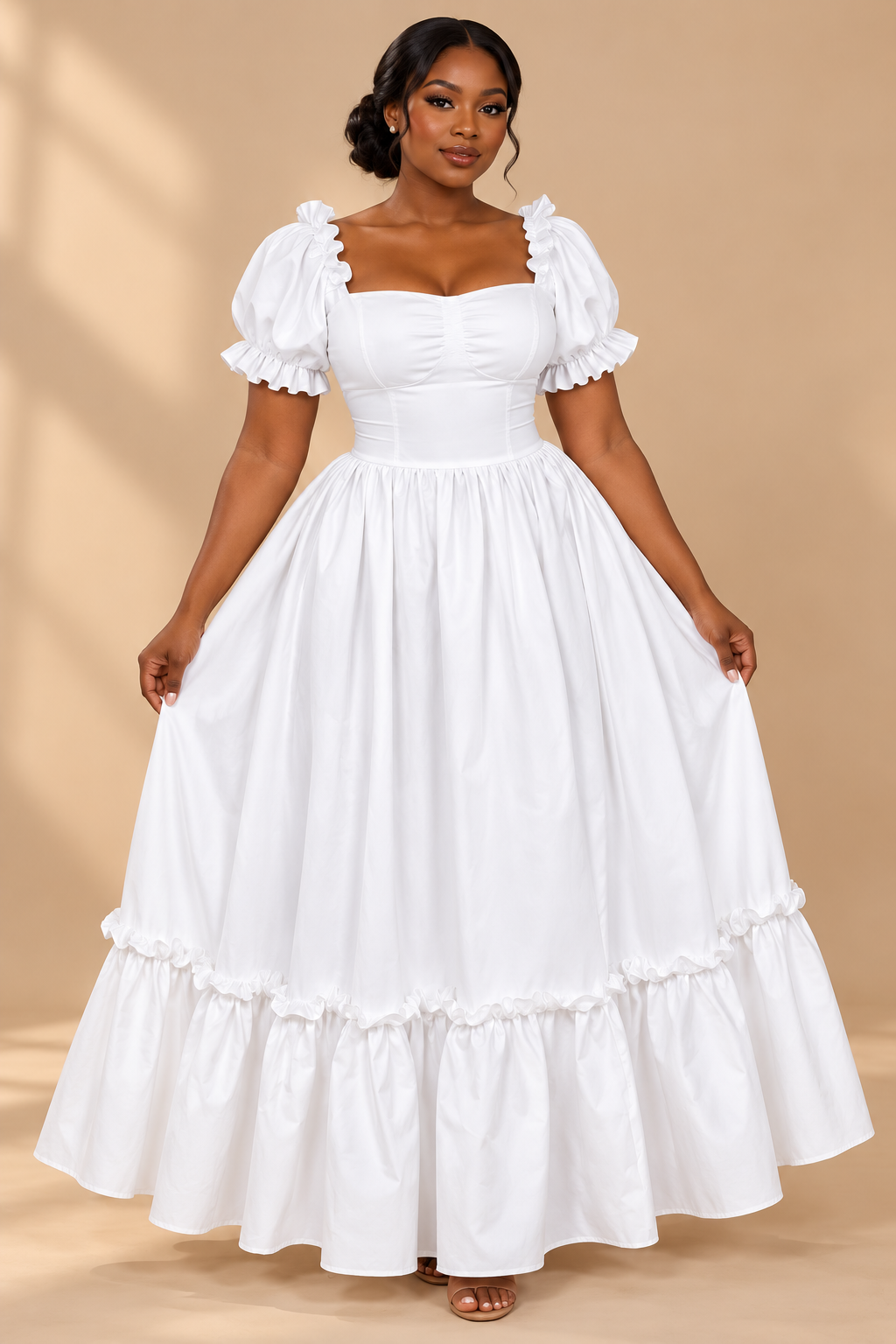 Robe longue blanche à col carré et jupe ample à volant