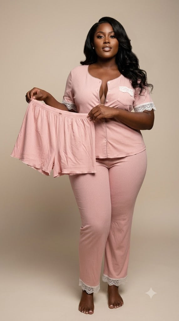 Pyjama Rose Poudré Dentelle 3 Pièces