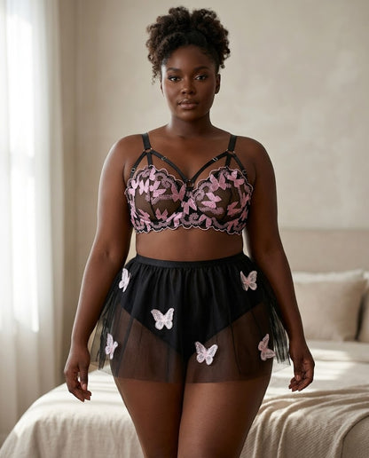 Ensemble lingerie tulle noir brode papillons roses