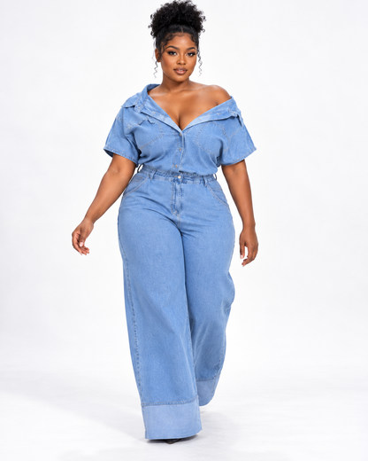 Combinaison en jean col tombant et jambe large Tendressa
