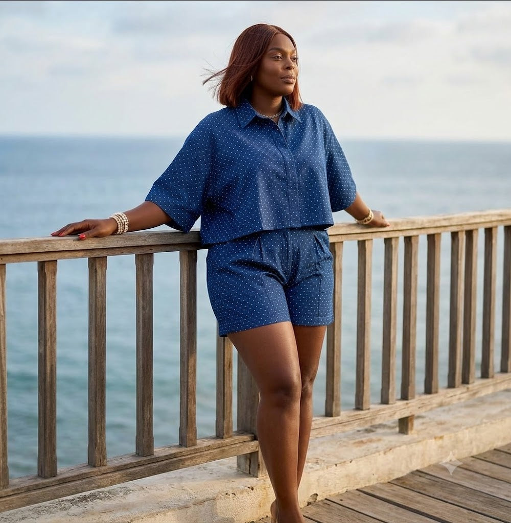 Ensemble chemise et short en jean à pois