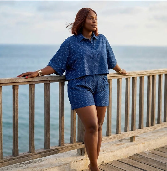 Ensemble chemise et short en jean à pois