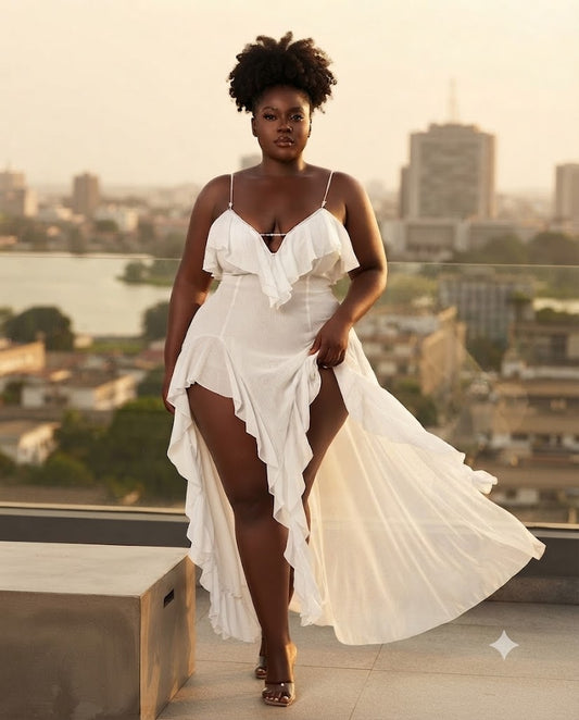 Robe longue blanche volantée dos-nu Tendressa