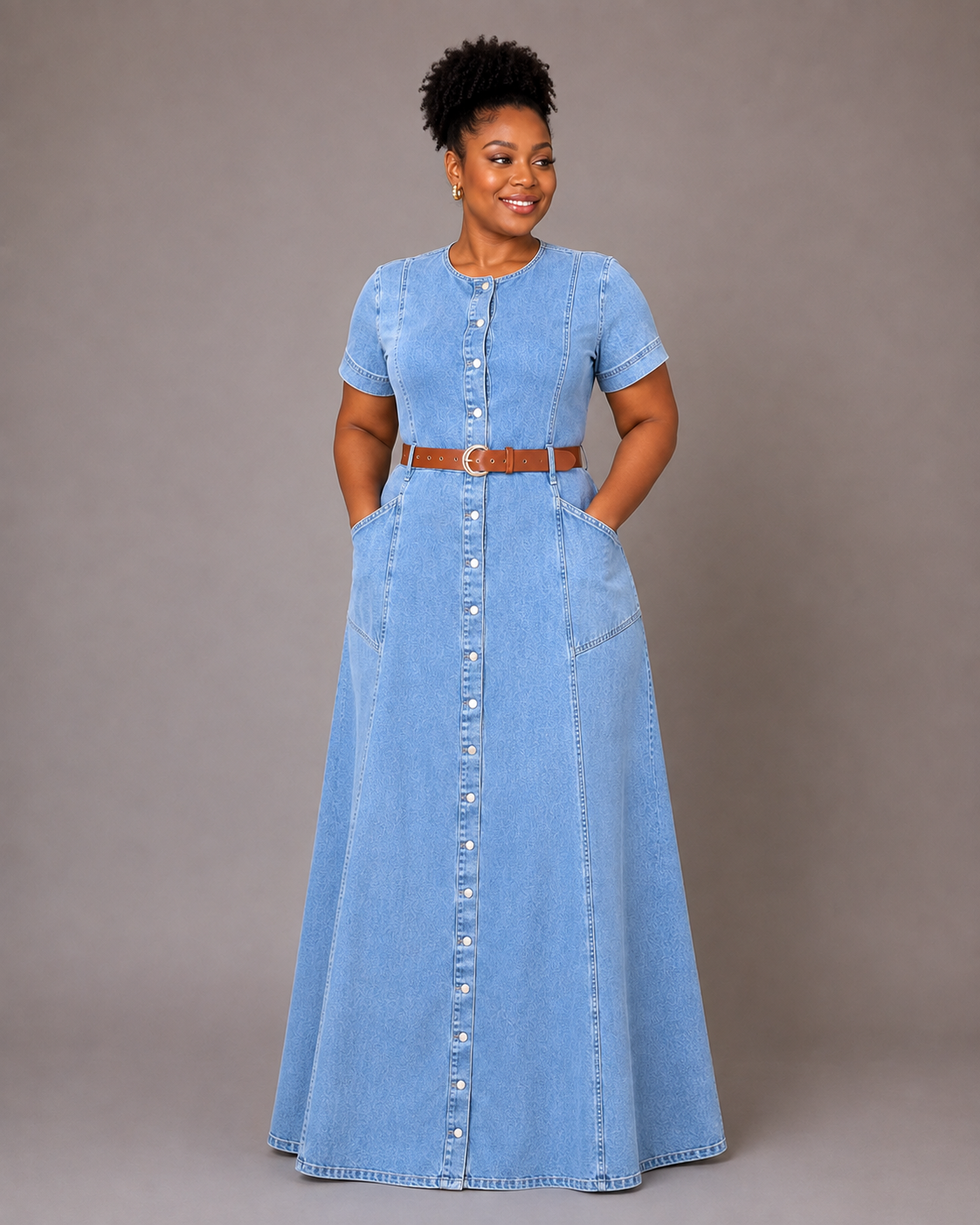 Robe longue en jean col mao à pressions métalliques, Tendressa