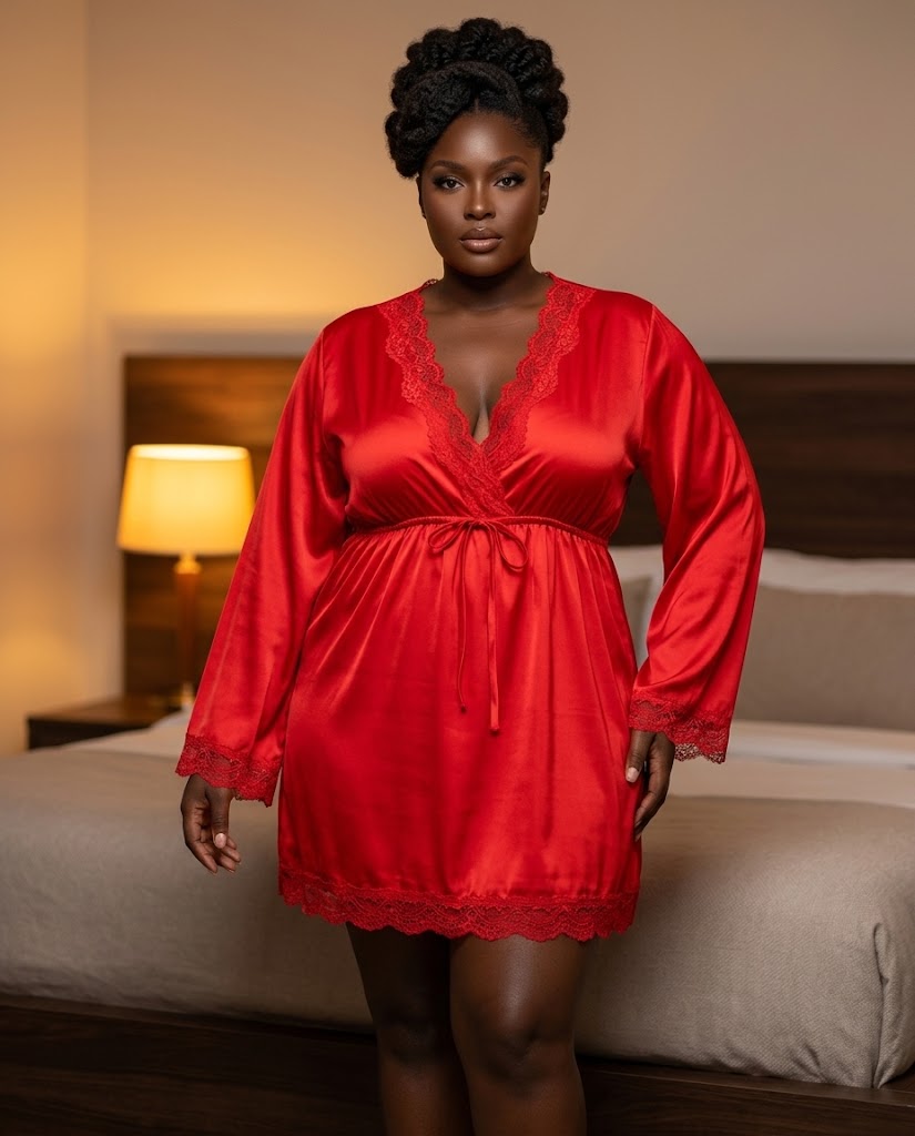 Nuisette satin bordeaux manches longues a dentelle festonnee