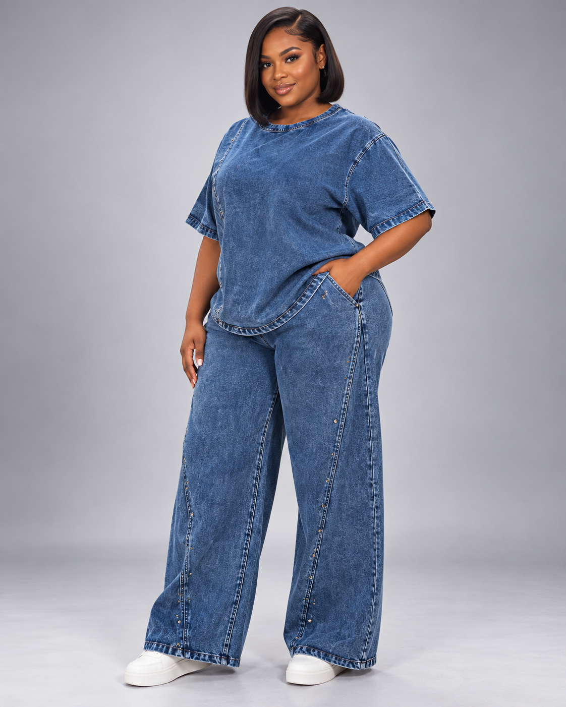 Ensemble en jean t-shirt et pantalon large Tendressa