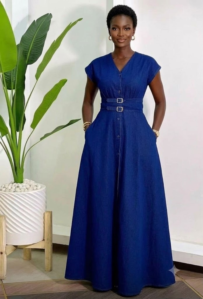 Robe longue en jean ample ceinturée à double boucle, Tendressa