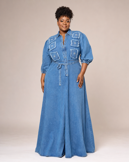 Robe longue en jean à carrés brodés et ceinture nouée, Tendressa