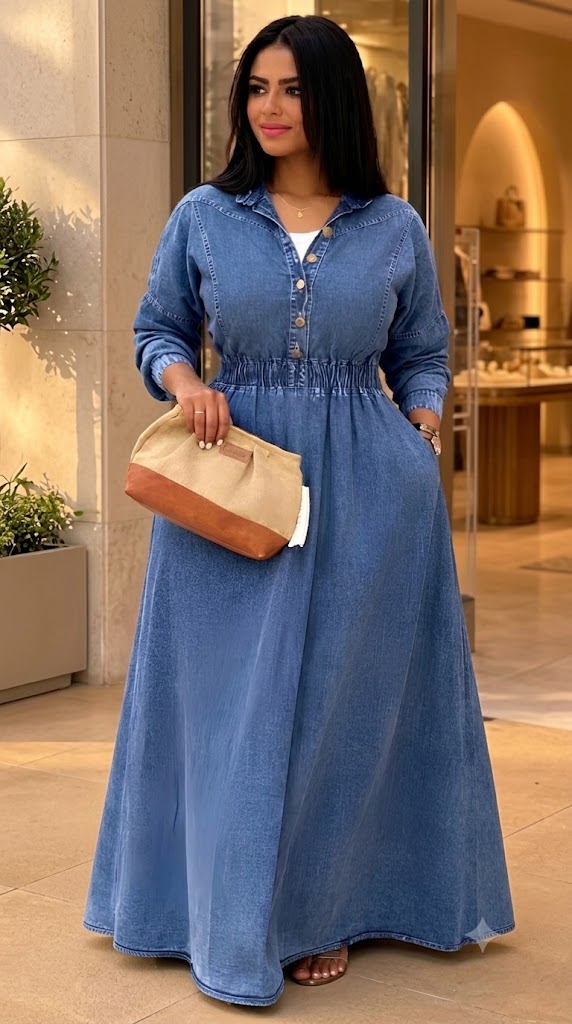 Robe longue en jean clair boutonnée