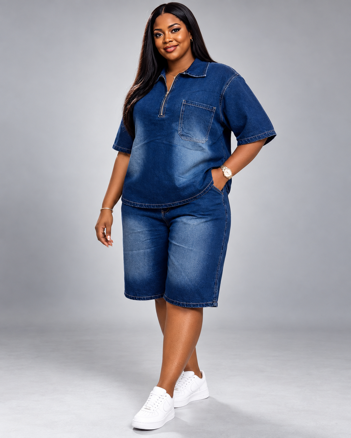 Ensemble en jean chemise zippée et short long Tendressa