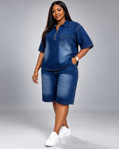 Ensemble en jean chemise zippée et short long Tendressa