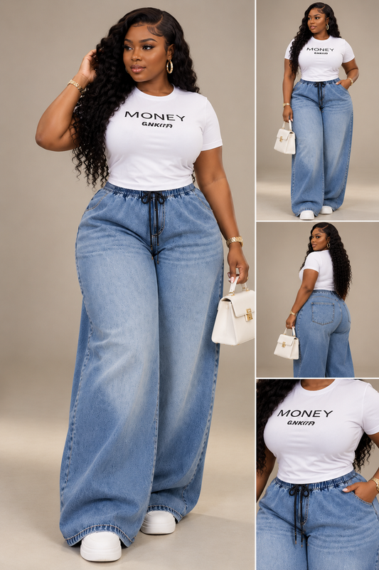Pantalon jean très large taille élastique à cordon