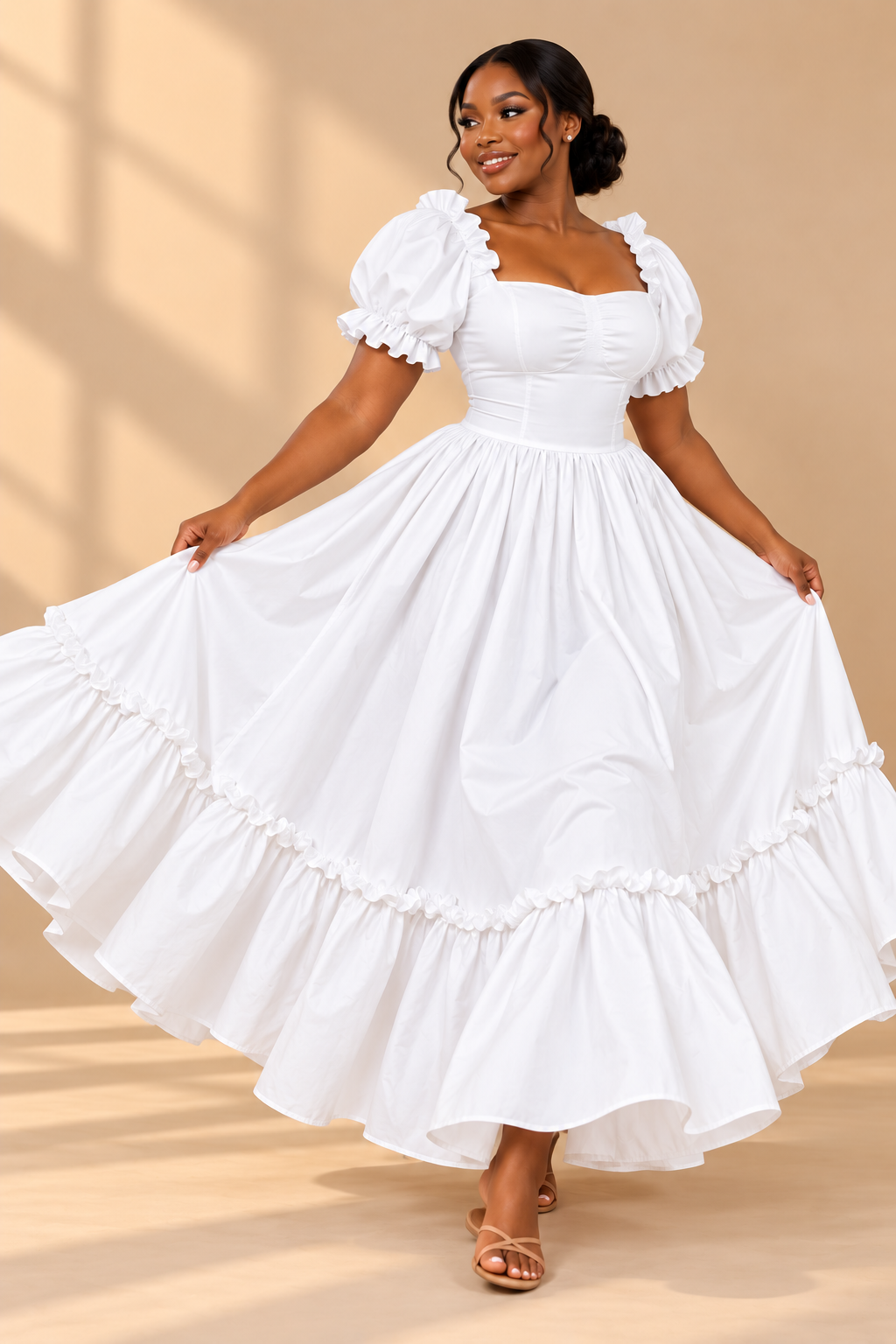 Robe longue blanche à volants et manches bouffantes, portée en studio