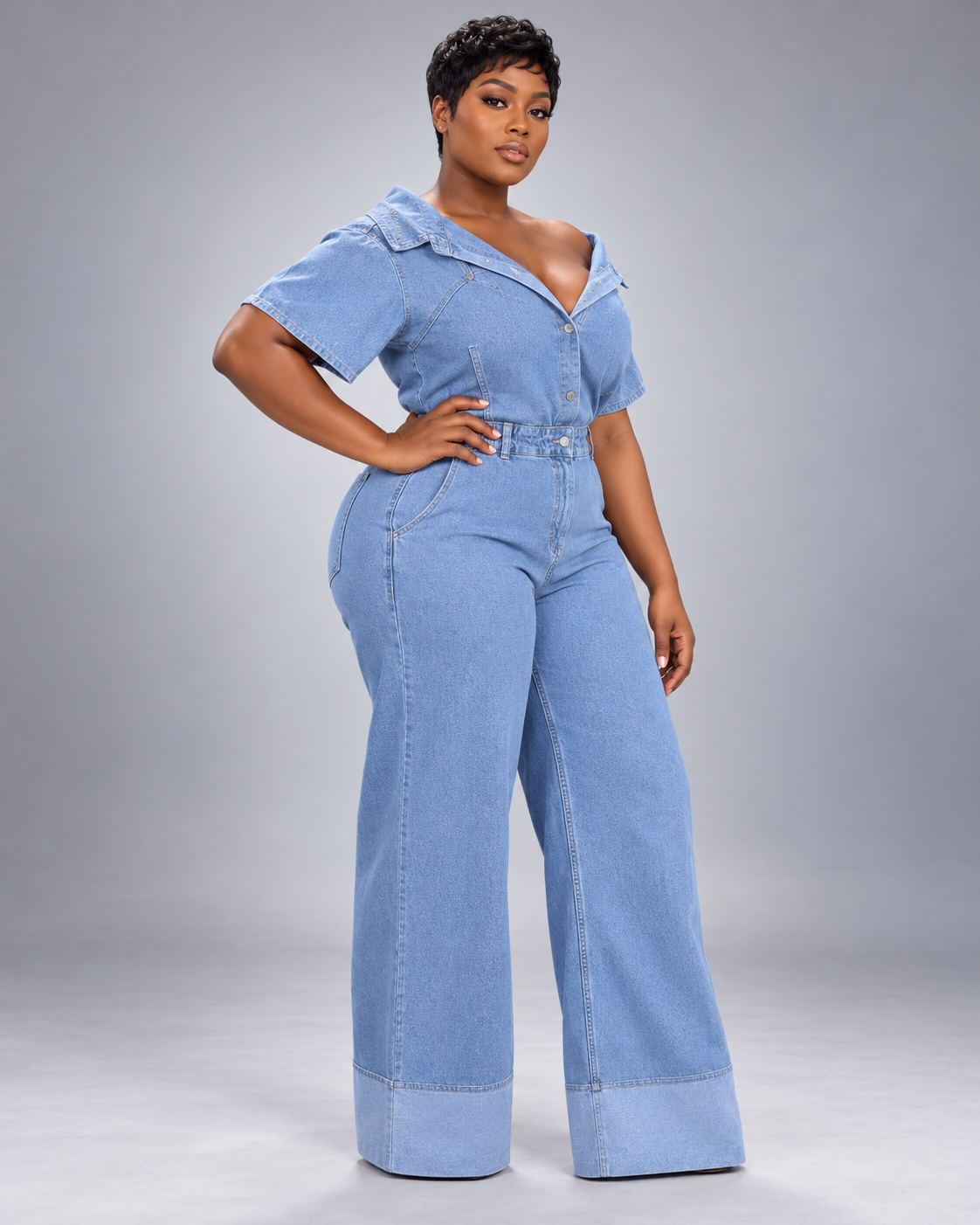 Combinaison en jean col tombant et jambe large Tendressa