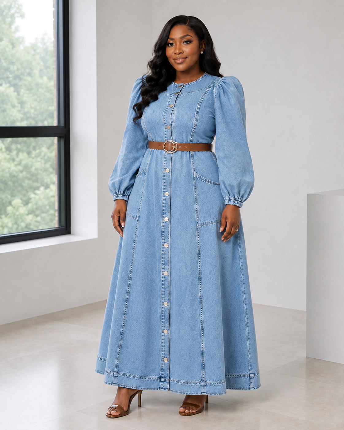 Robe longue en jean ceinturee portee de trois quarts